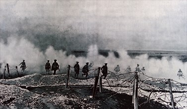 British soldiers advance from their trenches against smoke or gas