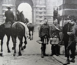 soldiers at the entrance to the Royal riding School;   used as a hospital in the WWI