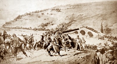 Serbian artillery withdraw and re-position during a campaign in WWI 1915