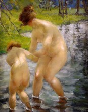 Woman and Child bathing;   circa 1910. By the Russian artist Vitaly Tikhov (1876-1939)