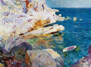 Joaquin Sorolla y Bastida 'Rocks of javier with a white boat'