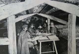 French officers in an underground HQ on the western front;   during WWI 1916