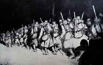 French soldiers march at night to the Verdun front;   during WWI 1916