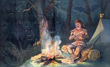 President Theodore Roosevelt wearing buckskin and raccoon hat, sitting by a campfire at night
