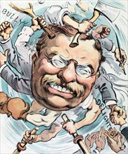 President Theodore Roosevelt with many arms extending from behind engaged in various activities