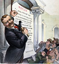 President Theodore Roosevelt nailing a "notice" to the door of a federal building
