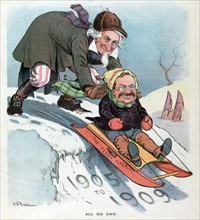 Uncle Sam pushing President Theodore Roosevelt on a sled