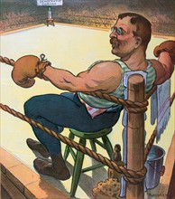 President Theodore Roosevelt as a boxer sitting on a stool