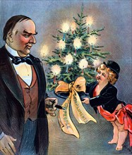 Puck offering a small Christmas tree to President McKinley
