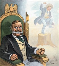 President Theodore Roosevelt sitting in a chair labelled "Presidency"