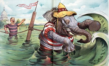 Republican elephant wading towards huge waves labelled 'Public Patience'