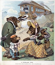 A family of bears dressed as humans near railroad tracks