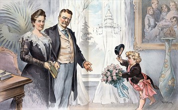 Puck giving a bouquet of roses to President and Mrs Theodore Roosevelt