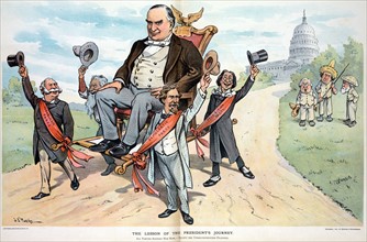 Representatives of various parties carrying a larger-than-life-sized President McKinley