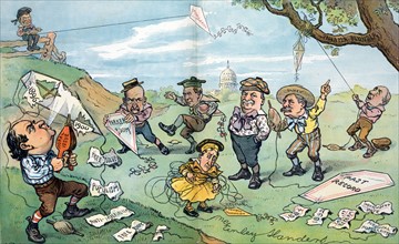 President Theodore Roosevelt sitting on a fence on a hill, flying a kite labelled "Popularity"