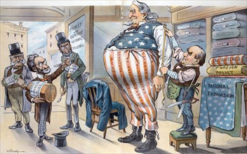 A huge Uncle Sam getting a new outfit made at the "McKinley and Company National Tailors"