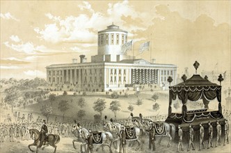 Funeral car of President Abraham Lincoln passing the State House at Columbus