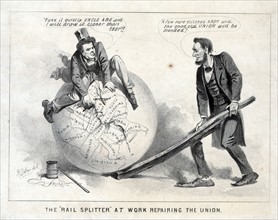 Vice President Andrew Johnson sitting atop a globe