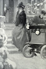 Edwardian English woman steps next to an automobile in 1901