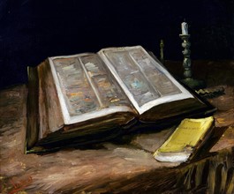 Painting titled "Still Life with Bible"