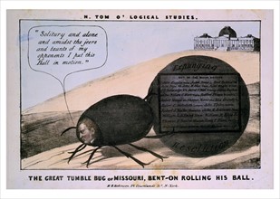 Caricature of Missouri senator Thomas Hart Benton rolling a large ball towards the Capitol