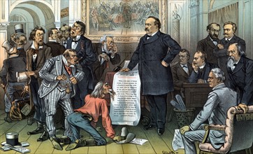 President Cleveland with his right hand on the 1885 Declaration of Independence