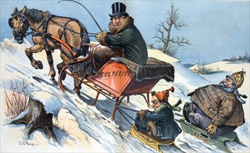 President McKinley driving a sleigh labelled 'Prosperity'