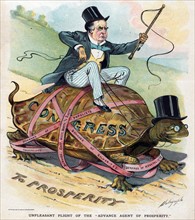 President McKinley riding on the back of a large tortoise