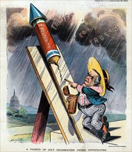 President McKinley attempting to light the fuse on a fireworks-rocket