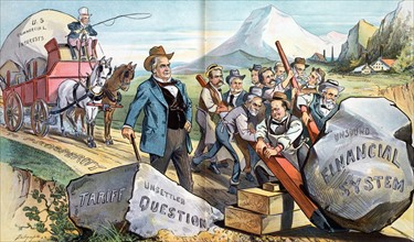 President McKinley standing near a large rock labelled 'Unsettled Tariff Question'