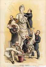 President Cleveland and others repairing a statue