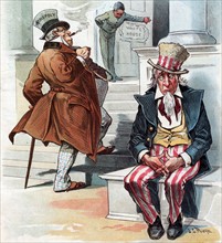 Uncle Sam sitting on the steps to the White House