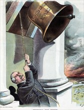 President Cleveland ringing a bell labelled 'Sound Money Alarm'