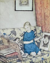 English illustration of a young girl making and designing dresses