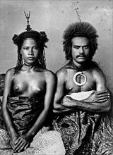 Portrait of a tribal Fijian man & woman.