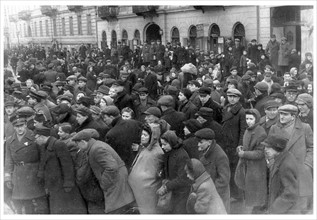 Crowds of Jews in the Warsaw ghetto; Poland 1942