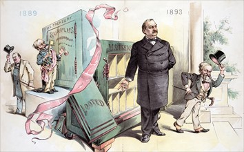 1893 Print shows, on the left, Grover Cleveland tipping his hat as he leaves office in 1889