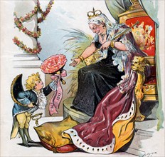Puck bowing and handing a bouquet of flowers labelled '1837 1897' to Queen Victoria,