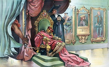 the child king Alfonso XIII as a wooden puppet slumped over on the 'Throne of Spain