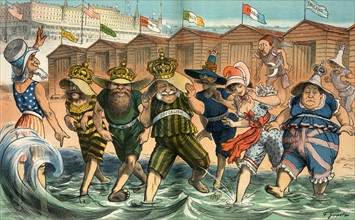 Uncle Sam welcoming several heads of state to a swim at Coney Island