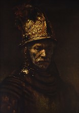 Portrait of an unknown male wearing a golden helmet.