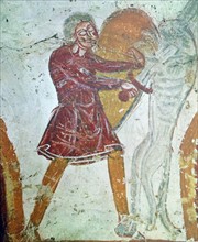 Fresco of St. David felling the lion.
