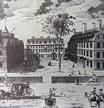Engraving of the first college in America.