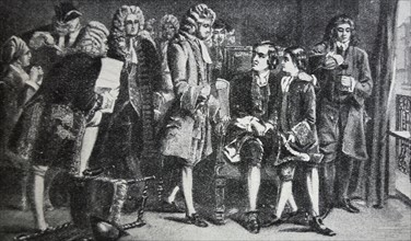 Engraving of John Dryden meeting with Alexander Pope.