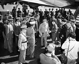 Field Marshal Montgomery welcoming Winston Churchill at Berlin-Gatow airfield.