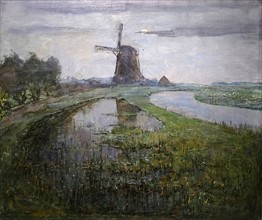 Painting of Oostzijdse Mill along the River Gein by Moonlight