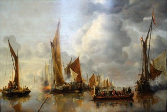 Painting of the home fleet saluting the State Barge