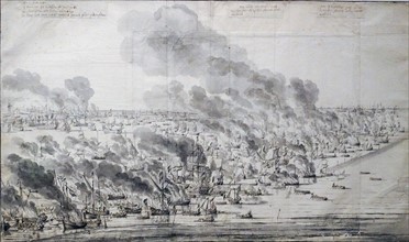Engraving of Robert Holmes setting the Dutch Fleet on fire at Terschelling