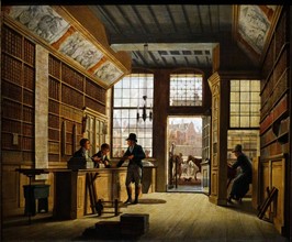 Painting depicting The bookshop of Pieter Meijer Warnars on the Vijgendam in Amsterdam