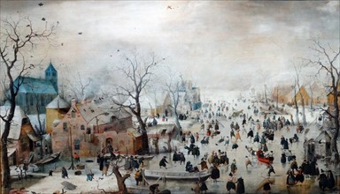 Painting of a winter landscape with Ice Skaters